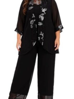 GoMai 3-Piece Pantsuit Womens 18W Black Sheer Floral Sequin Cardigan Top Set